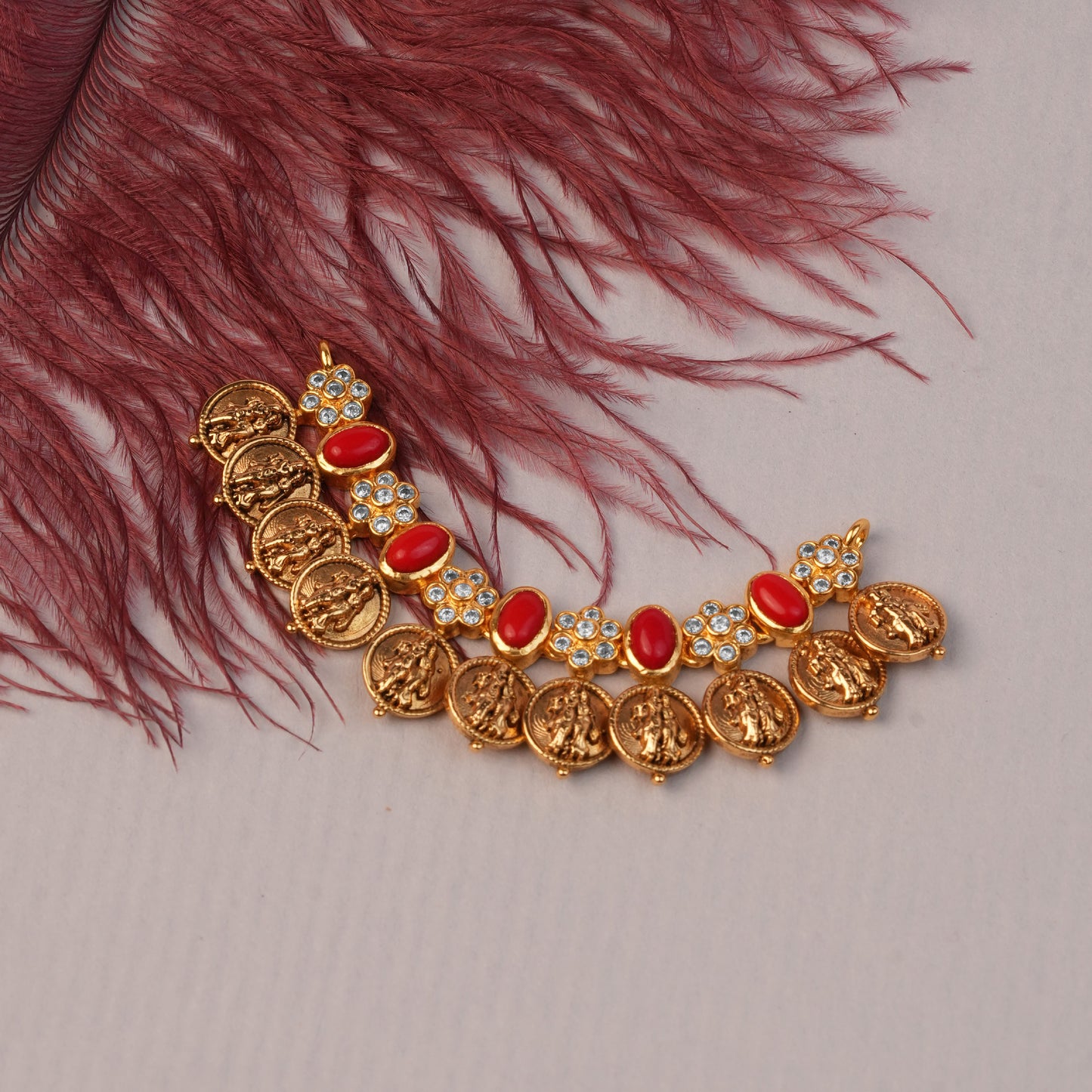 Antique Gold Lakshmi Coin Necklace with Ruby Petal Clusters