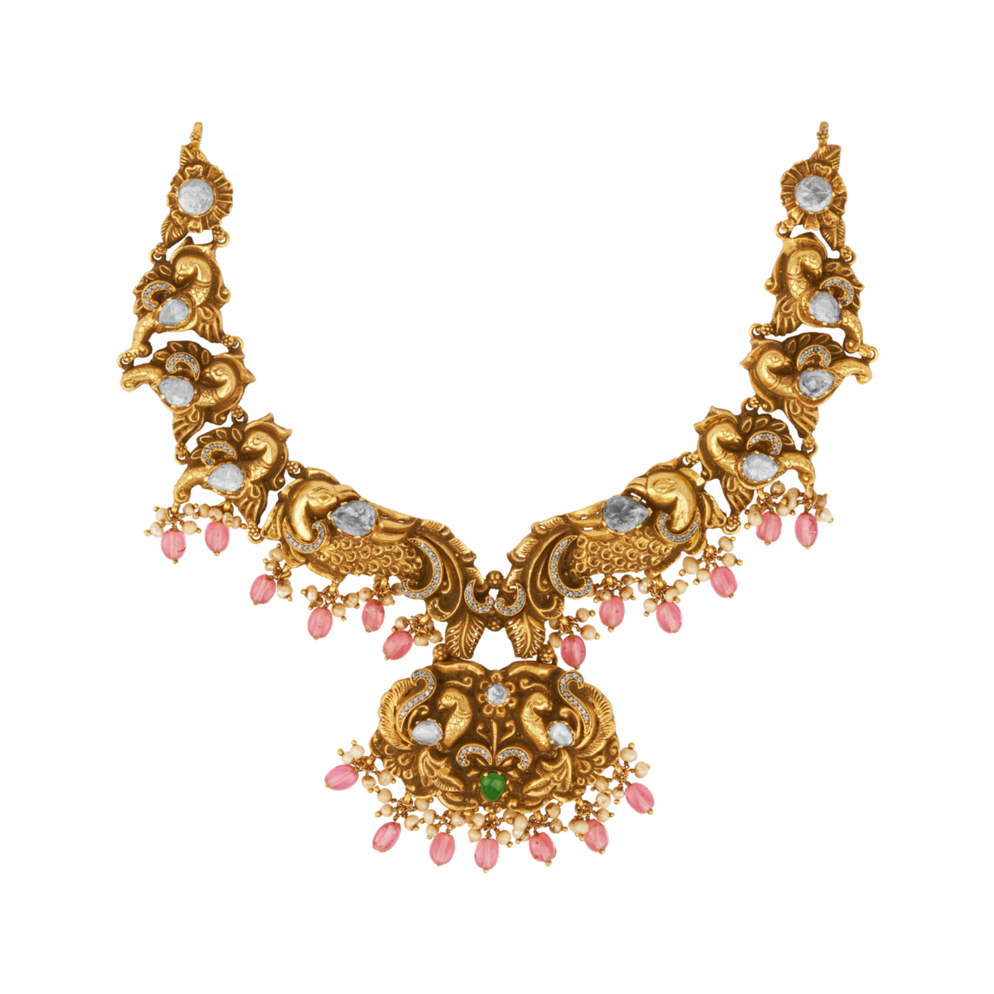Regal Blush Peacock Antique Necklace with Kundan Accents