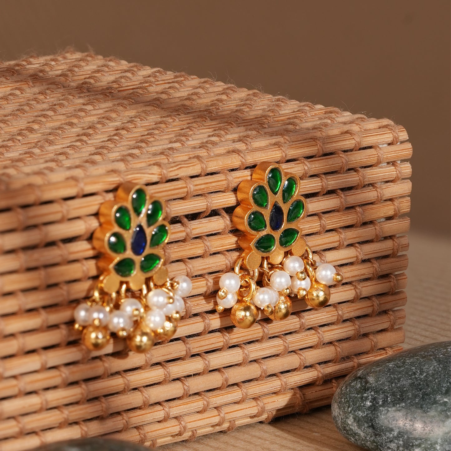 Antique Gold-Finish Mor Stud with Pearl Clusters and Enamel Detailing