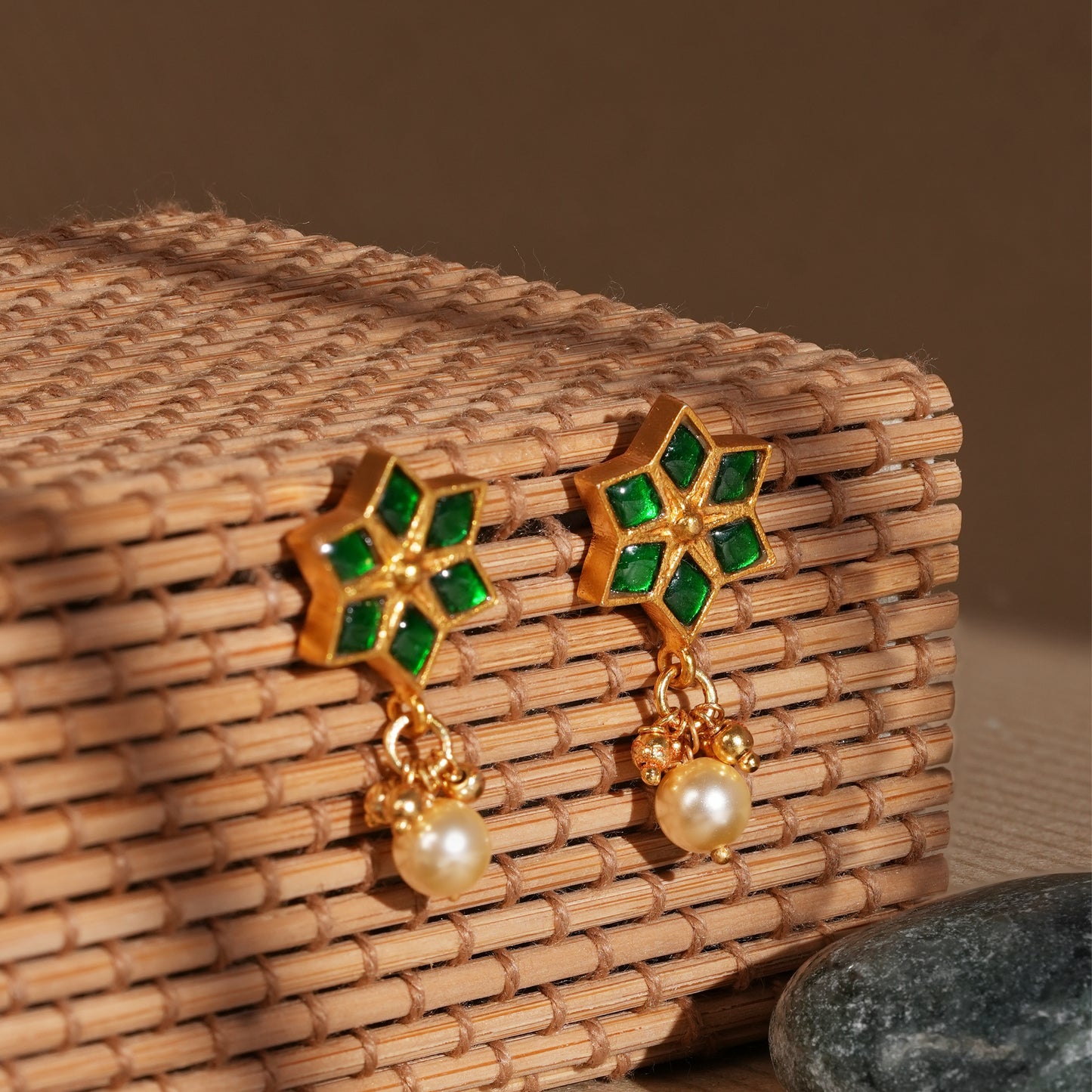 Antique Gold-Finish Emerald Star Earrings with Pearl Drops