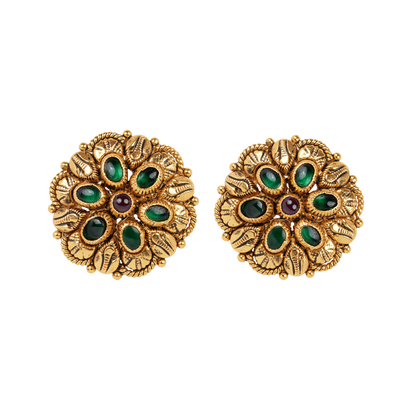 Antique Gold-Finish Padmini Studs with Emerald Petals and Ruby Centre