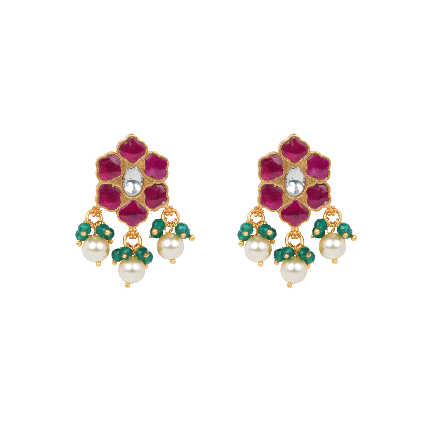 Antique Gold-Finish Roja Jhumki Stud with Triple Pearl Drop and Emerald Cluster