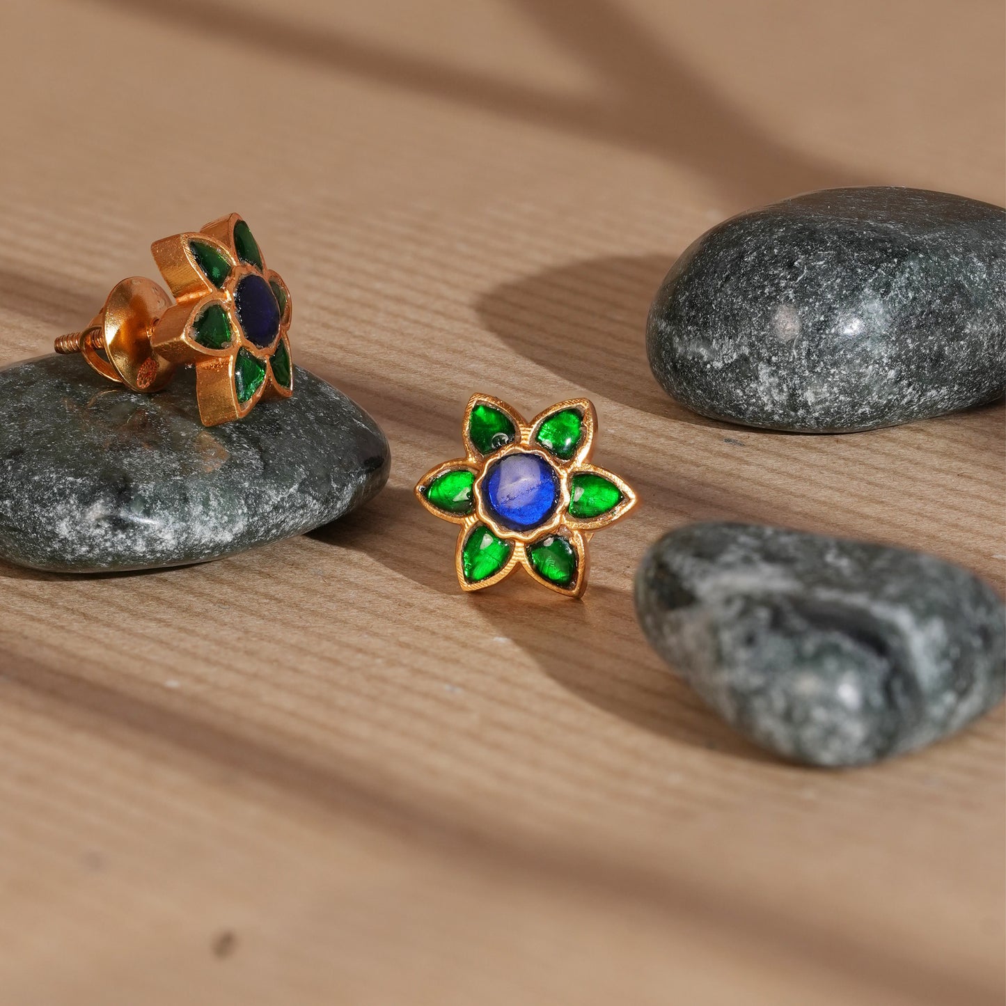 Antique Gold-Finish Lotus Studs with Emerald Petals and Cobalt Center