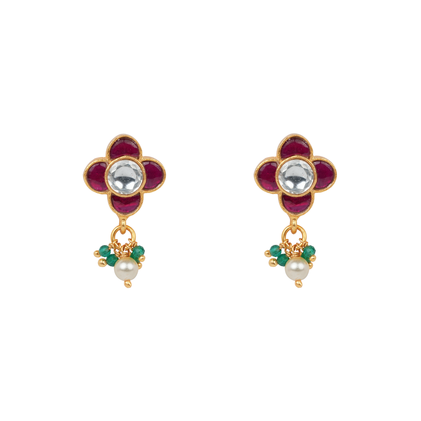Antique Gold-Finish Charulata Stud with Ruby Clover Motif and Pearl Drop