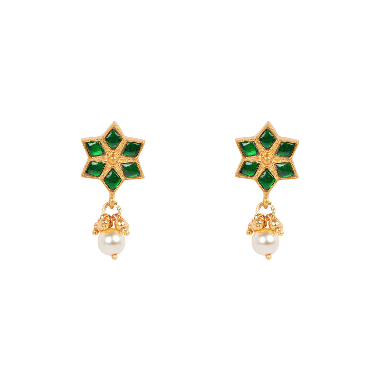 Antique Gold-Finish Emerald Star Earrings with Pearl Drops