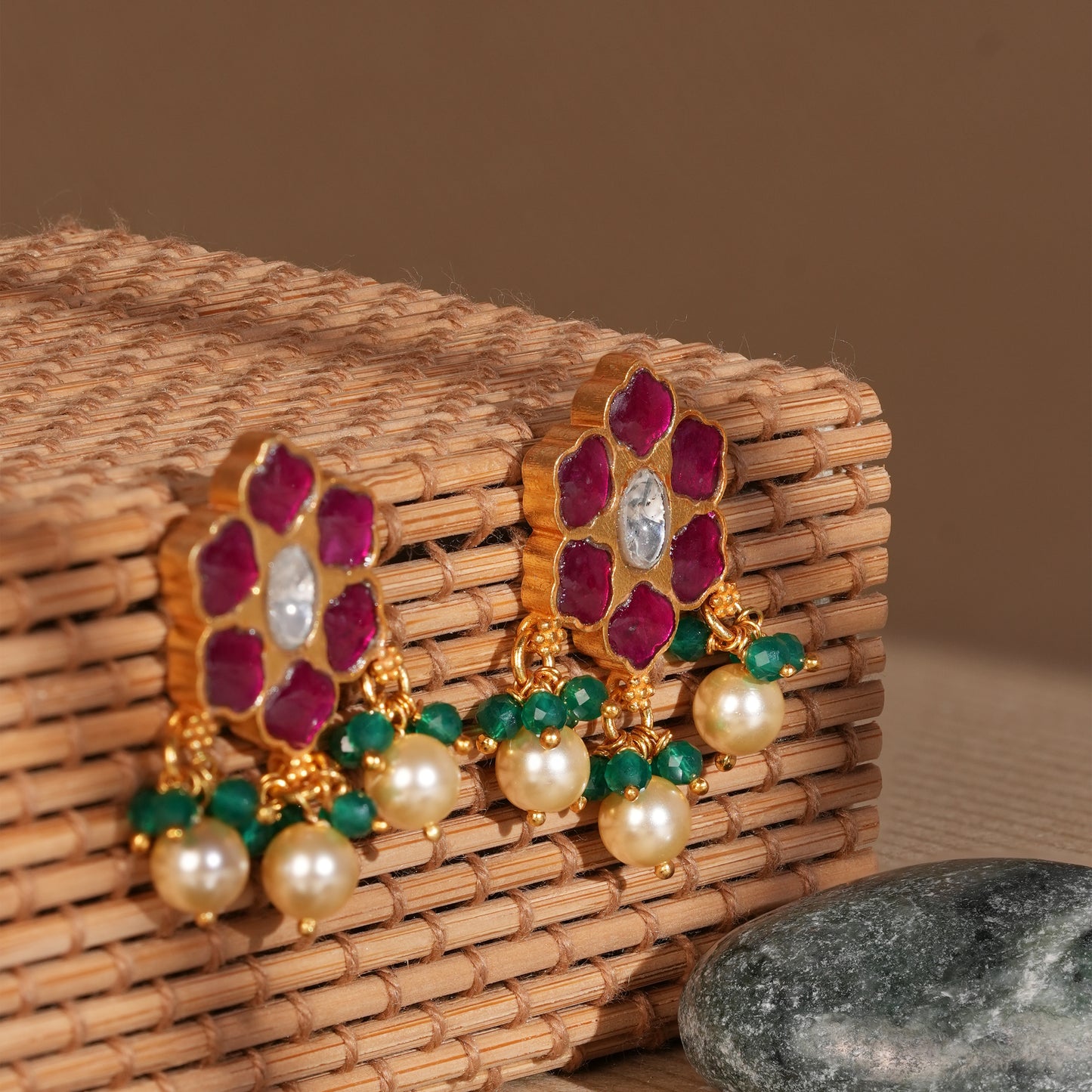 Antique Gold-Finish Roja Jhumki Stud with Triple Pearl Drop and Emerald Cluster
