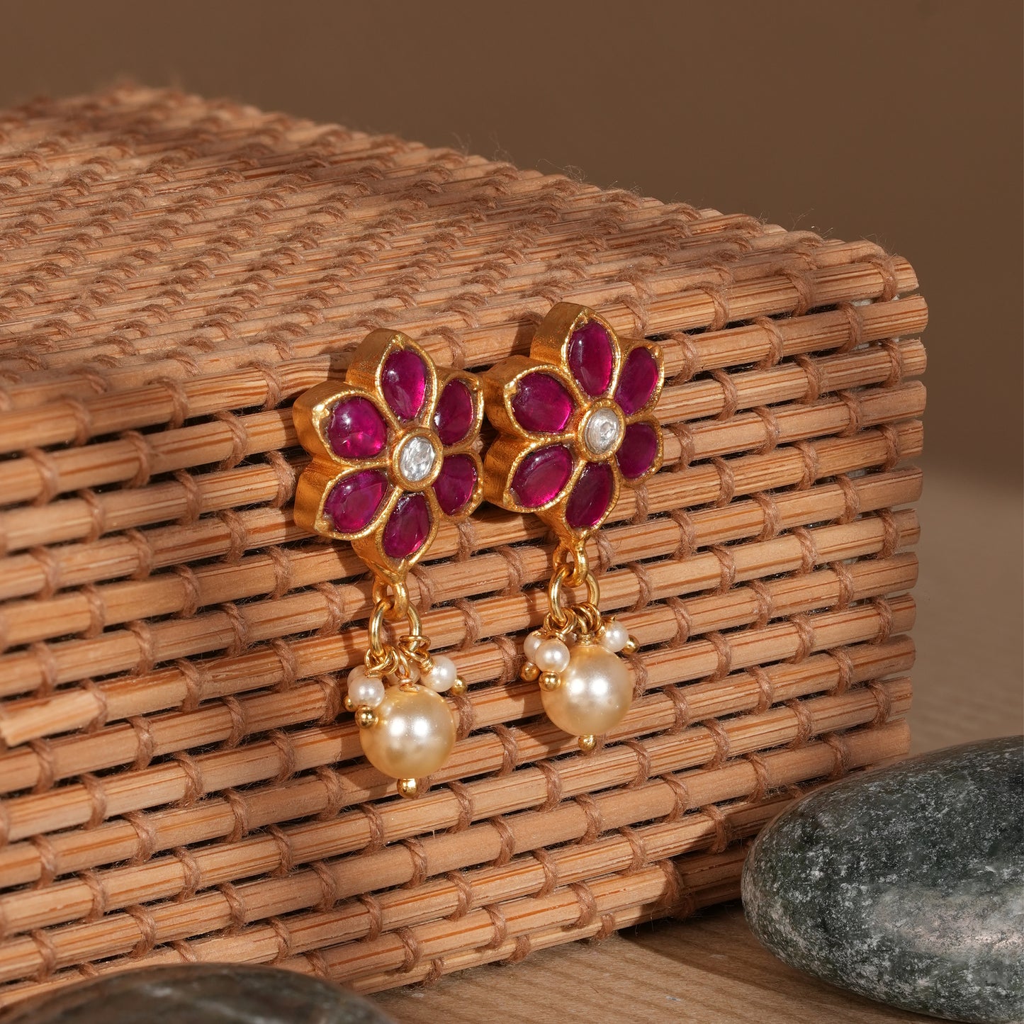 Antique Gold-Finish Pushpika Stud with Ruby Floral Motif and Pearl Drop