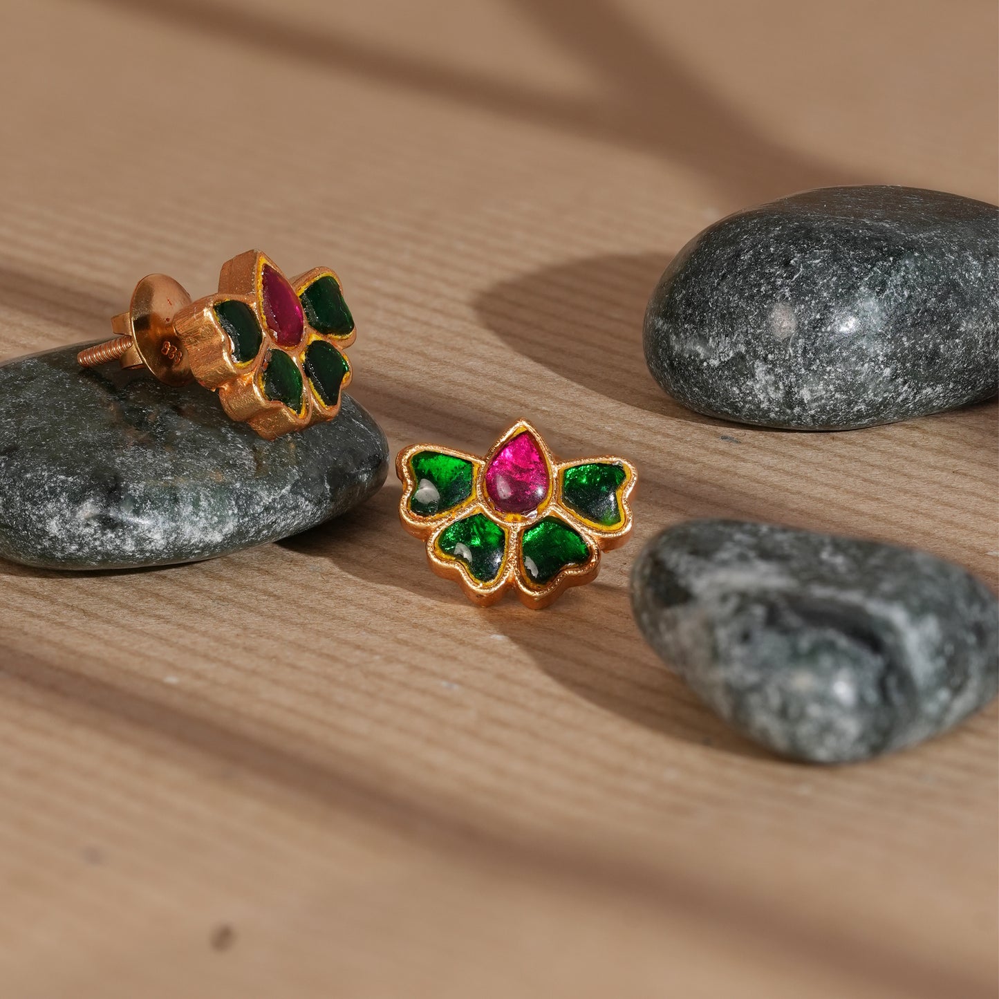 Antique Gold-Finish Kamalika Stud with Ruby & Emerald Enamel Inlay