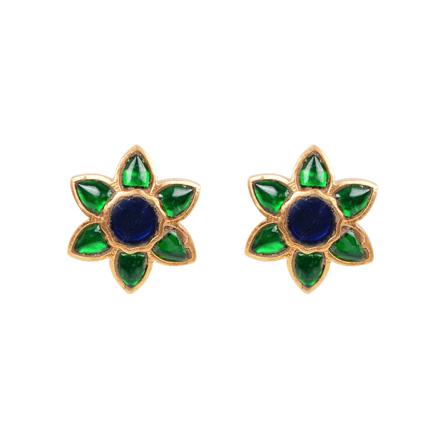 Antique Gold-Finish Lotus Studs with Emerald Petals and Cobalt Center