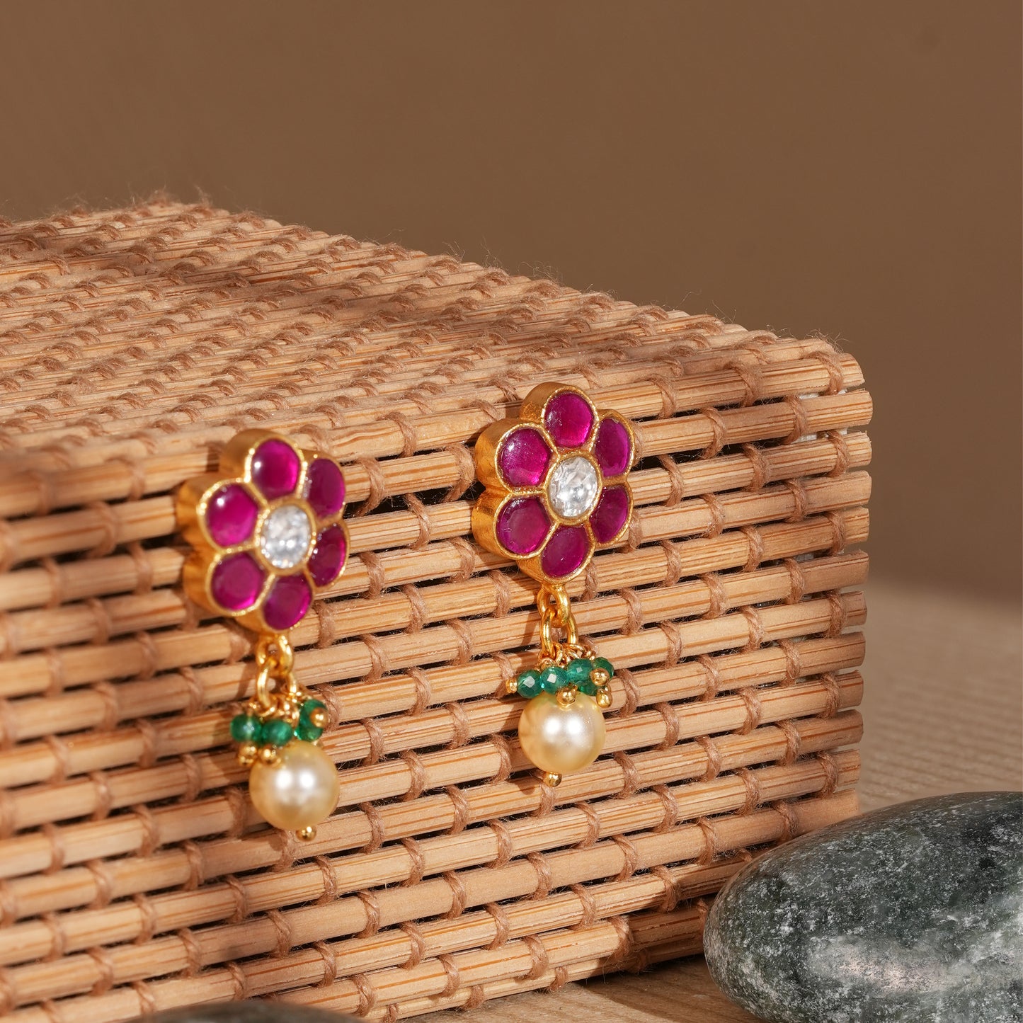 Antique Gold-Finish Roja Pushpam Stud with Pearl & Emerald Cluster Drop