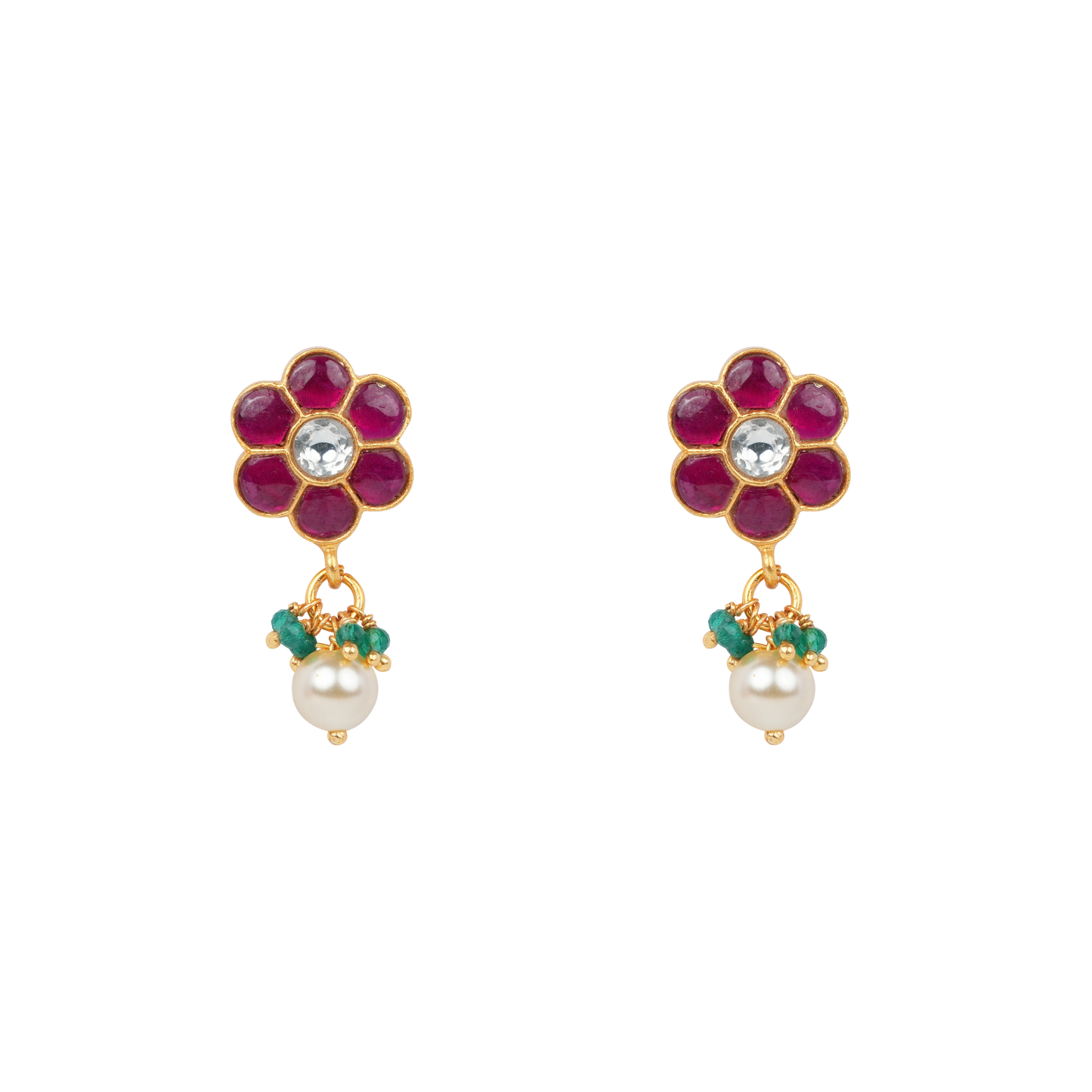 Antique Gold-Finish Roja Pushpam Stud with Pearl & Emerald Cluster Drop