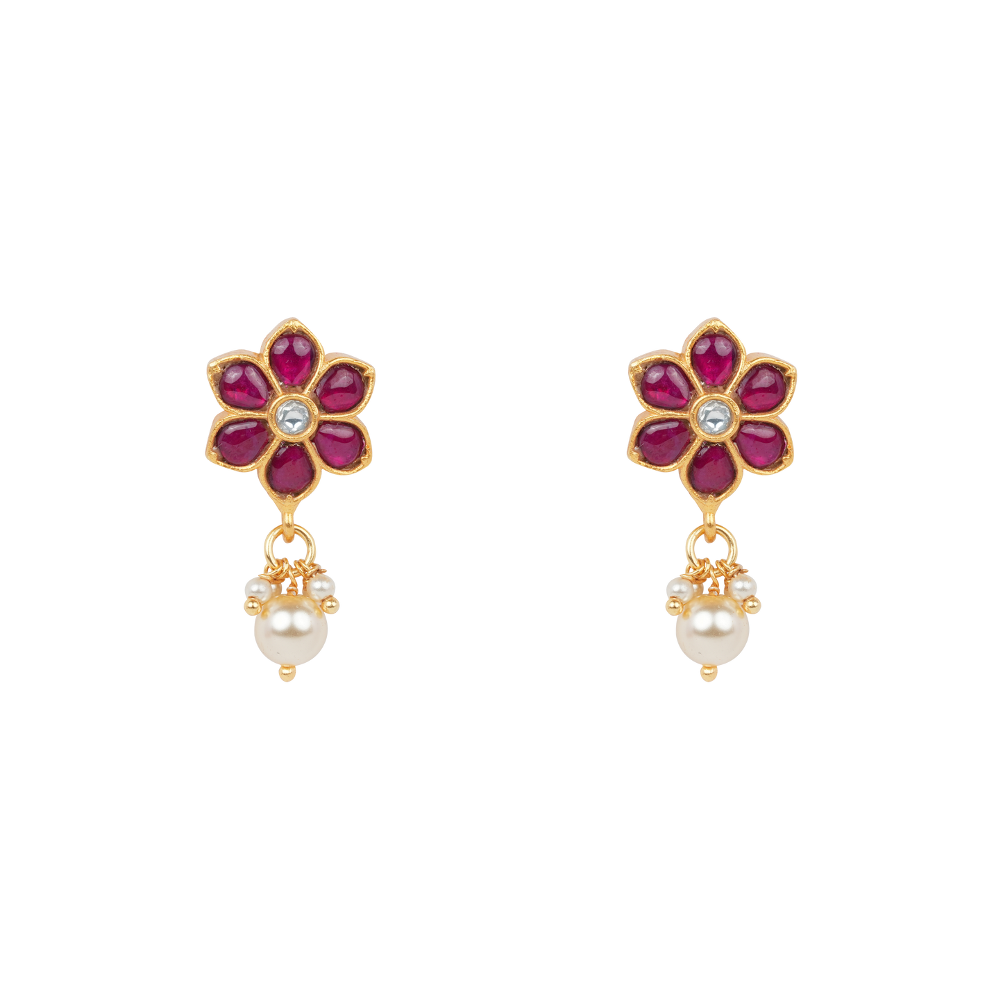 Antique Gold-Finish Pushpika Stud with Ruby Floral Motif and Pearl Drop