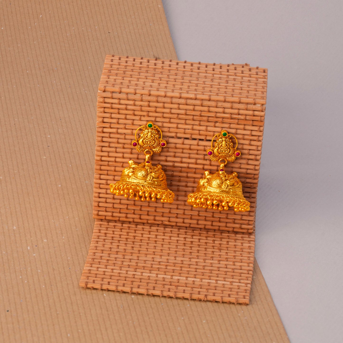 Divya Lakshmi Temple Jhumka with Ruby and Emerald Accents