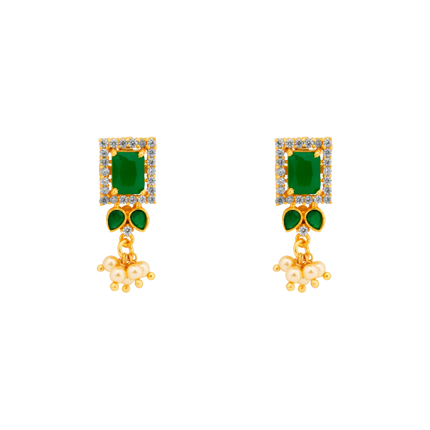 Emerald Gleam Stud-Drops with Pearl Tassels