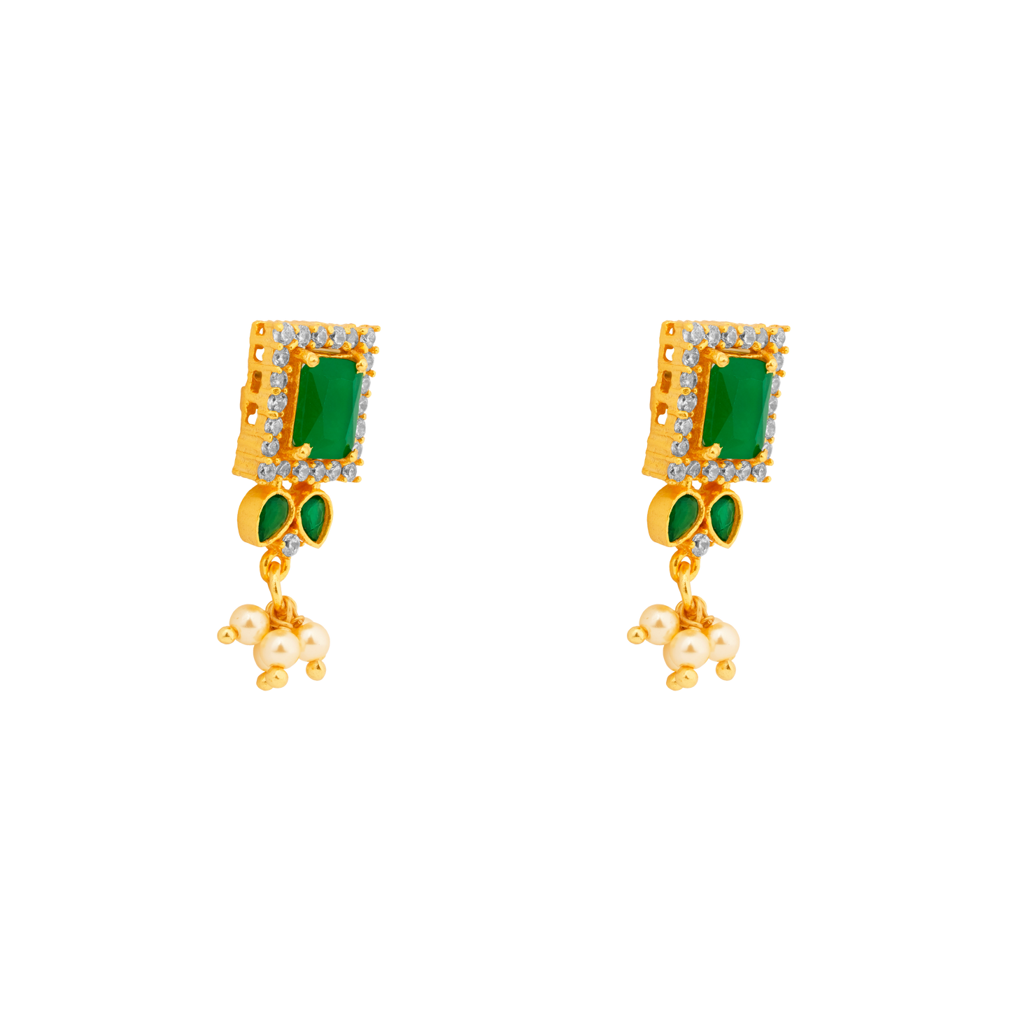 Emerald Gleam Stud-Drops with Pearl Tassels