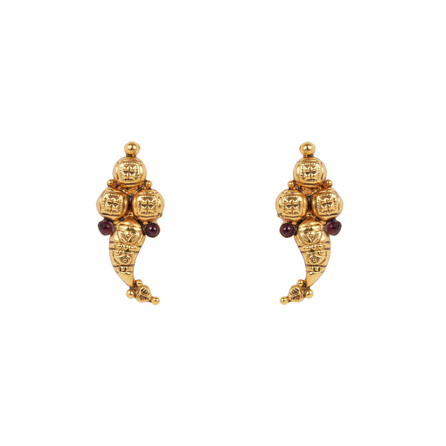 Antique Gold-Finish Vangi Studs with Ruby Bead Accents