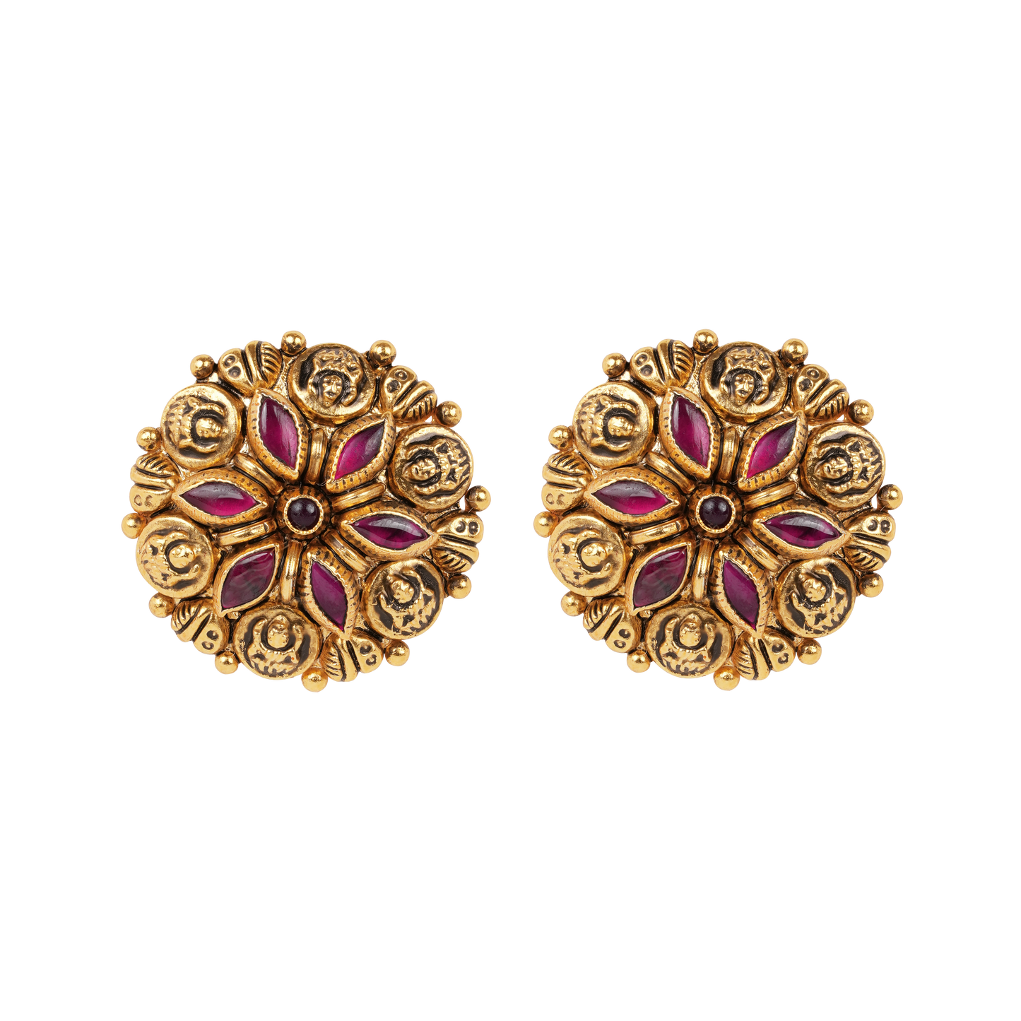 Antique Gold-Finish Padma Studs with Ruby Leaf Inlay and Nakshi Embellishments