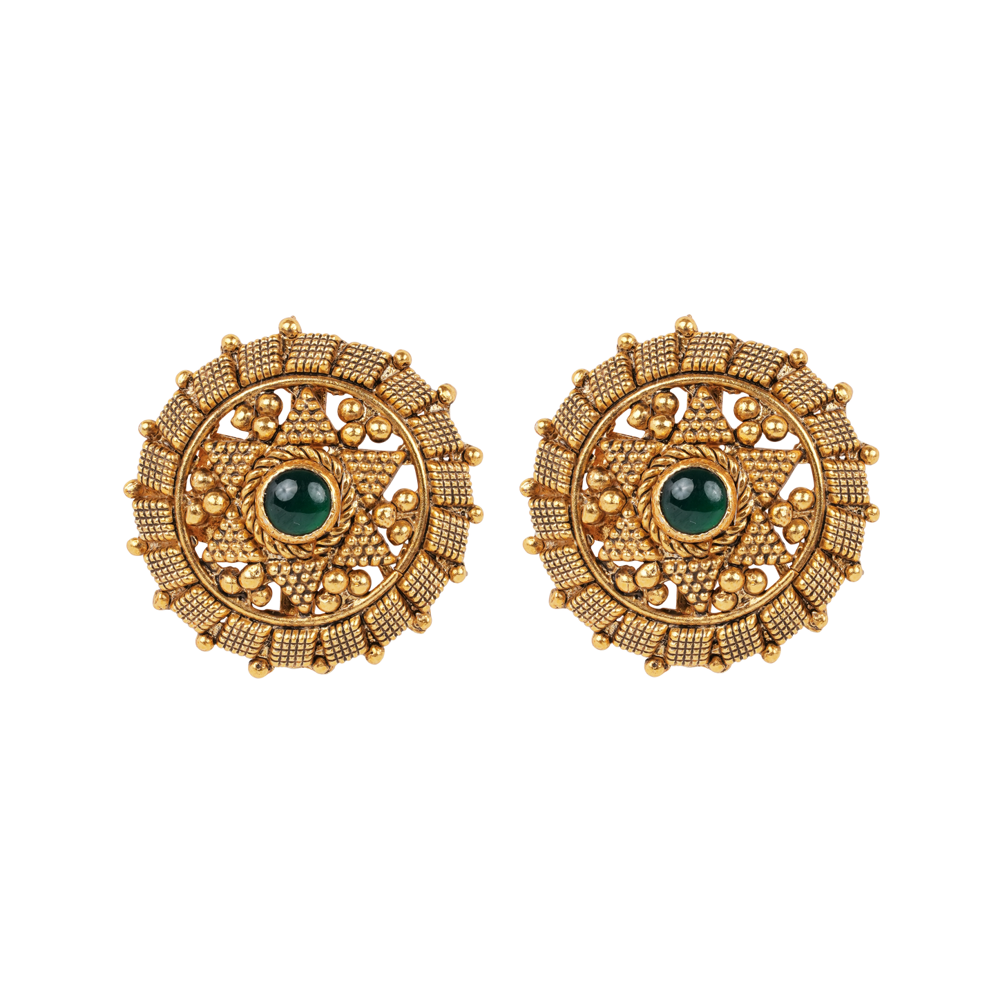 Antique Gold-Finish Yantra Studs with Emerald Centre and Temple Granulation