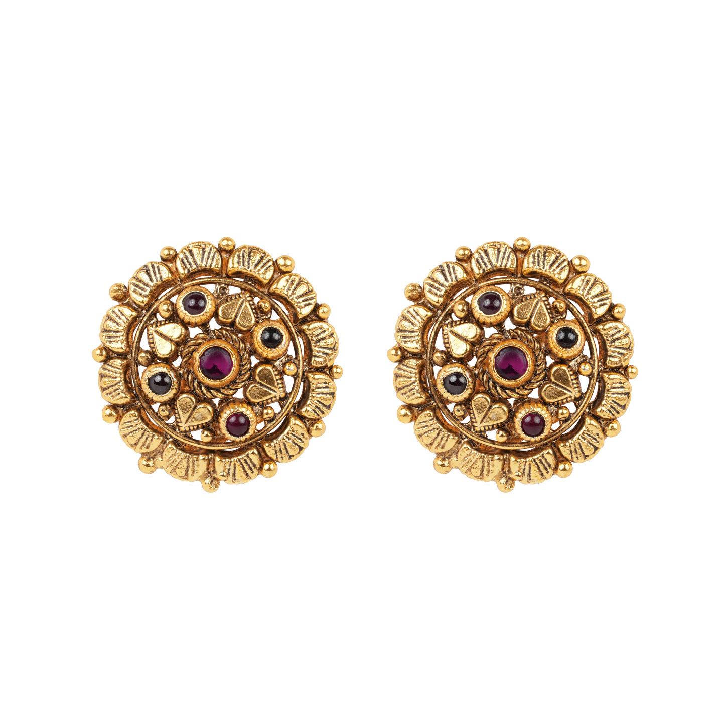 Antique Gold-Finish Hridaya Studs with Ruby Centre and Heart Motifs