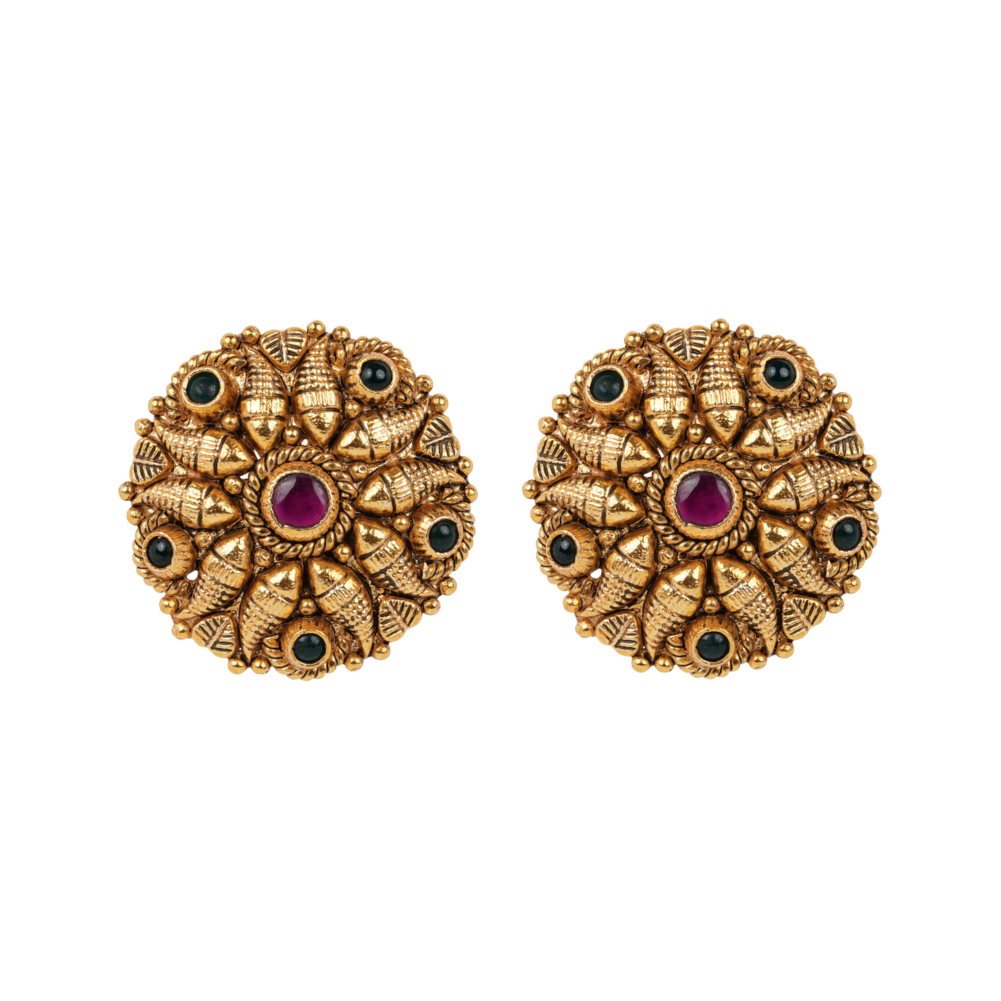 Antique Gold-Finish Shankha Studs with Ruby Centre and Emerald Accents