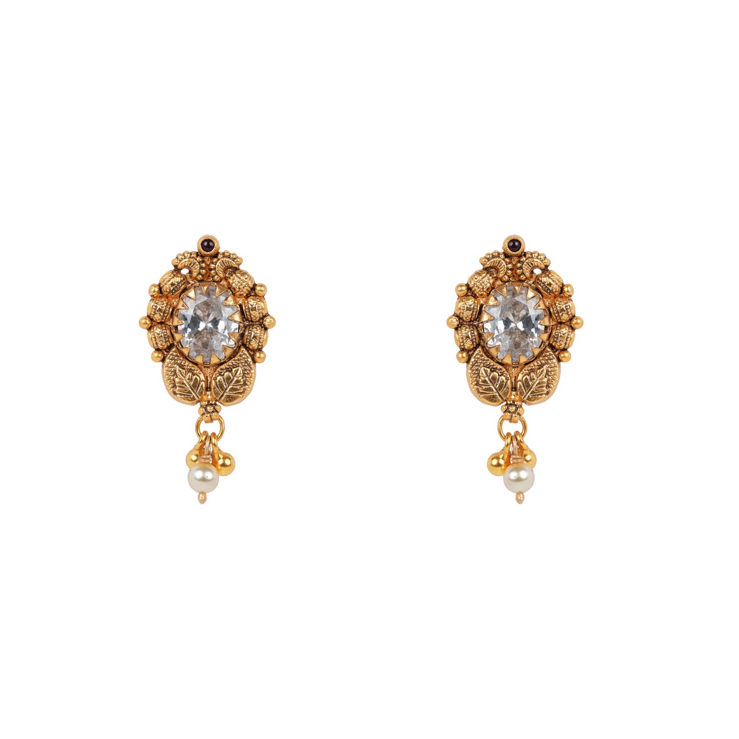 Antique Gold-Finish Jiva Earrings with Crystal Centre and Pearl Drop