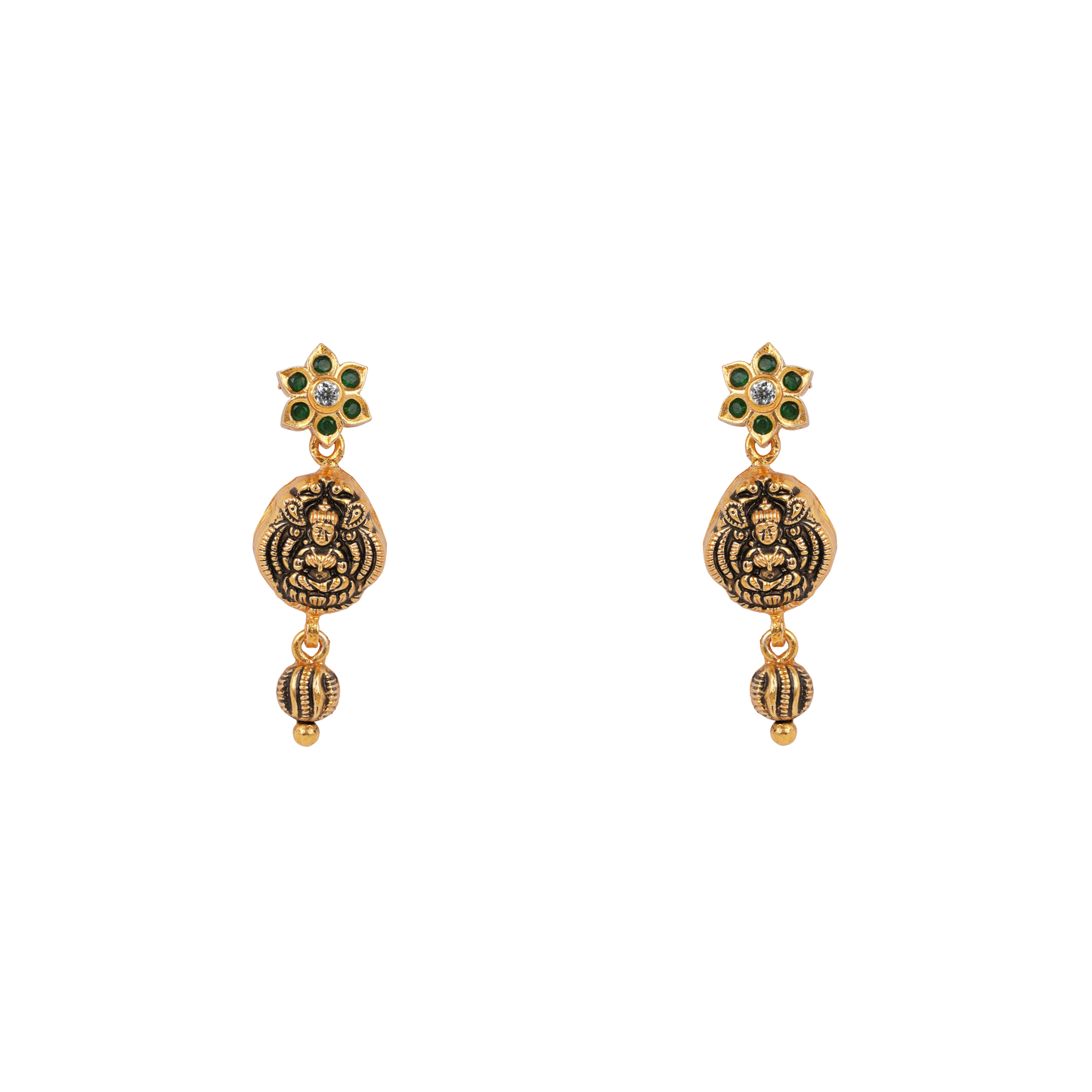 Antique Gold-Finish Lakshmi Coin Drop Earrings with Floral Stud