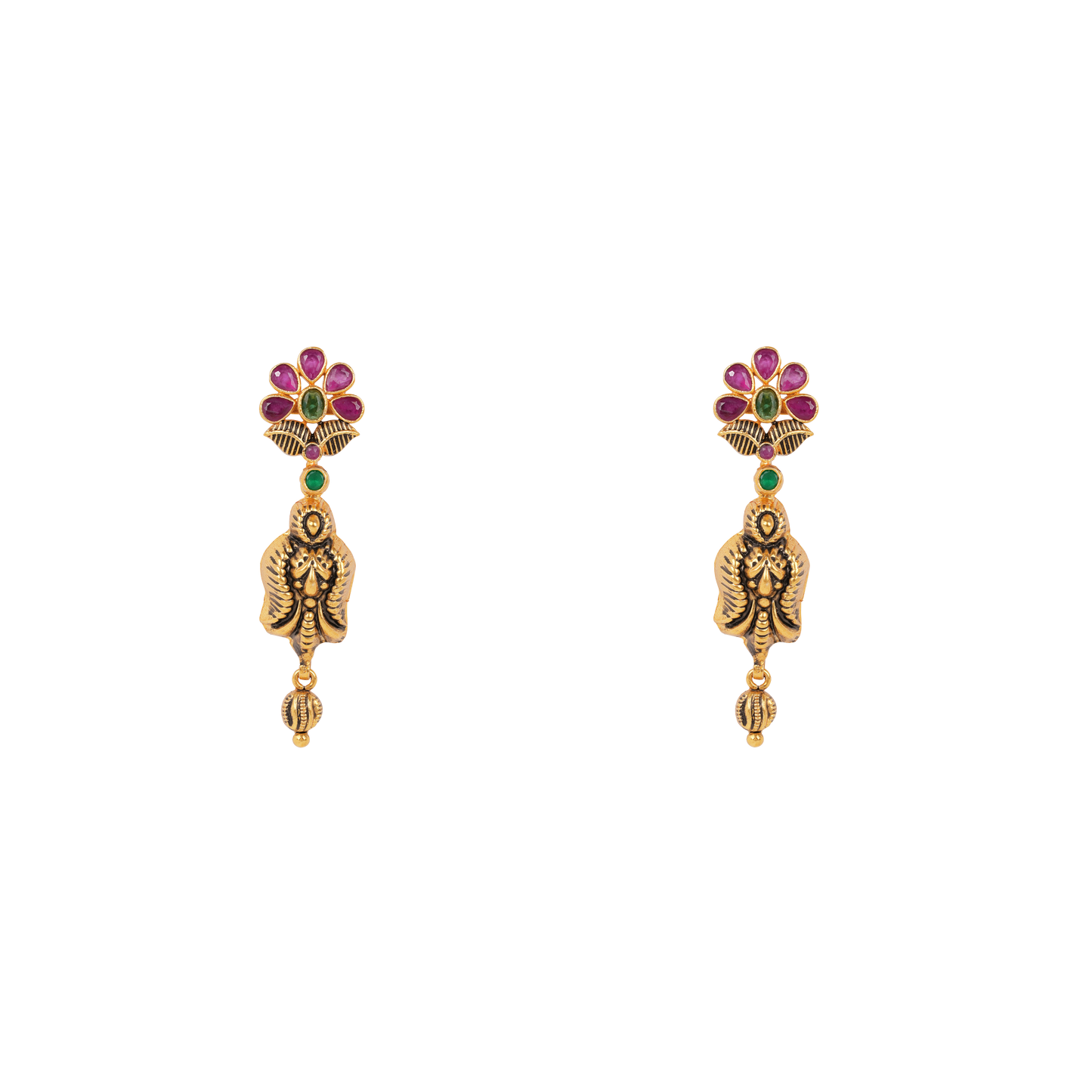 Antique Gold-Finish Gaja Lakshmi Drop Earrings with Ruby-Leaf Motif