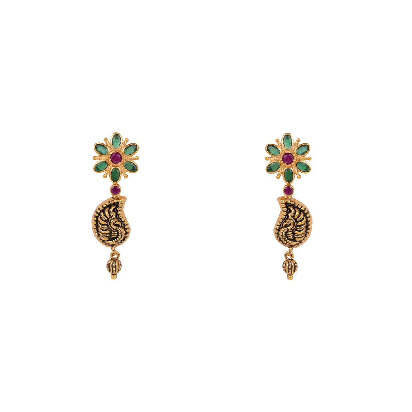Antique Gold-Finish Mango Motif Earrings with Floral Top and Ruby Detail
