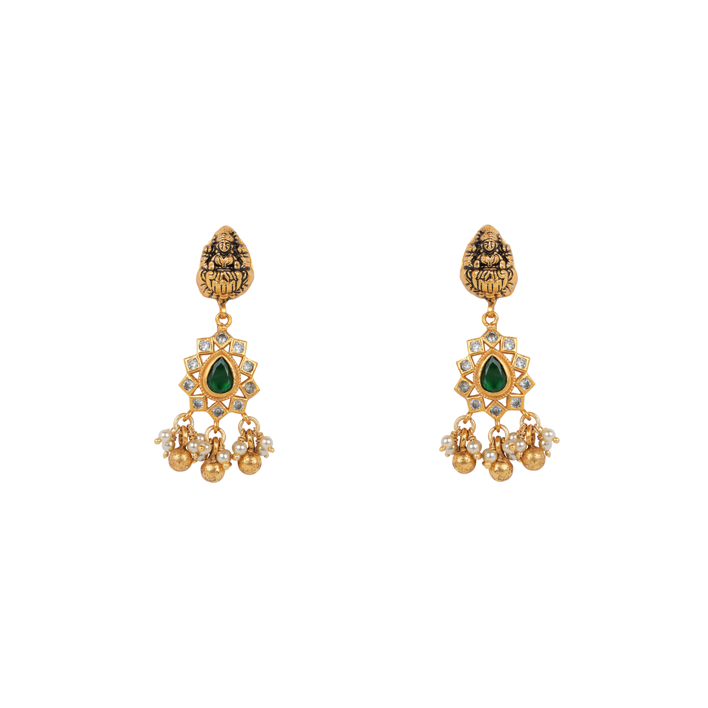 Antique Gold-Finish Lakshmi Dangler Earrings with Emerald Teardrop and Pearl Clusters