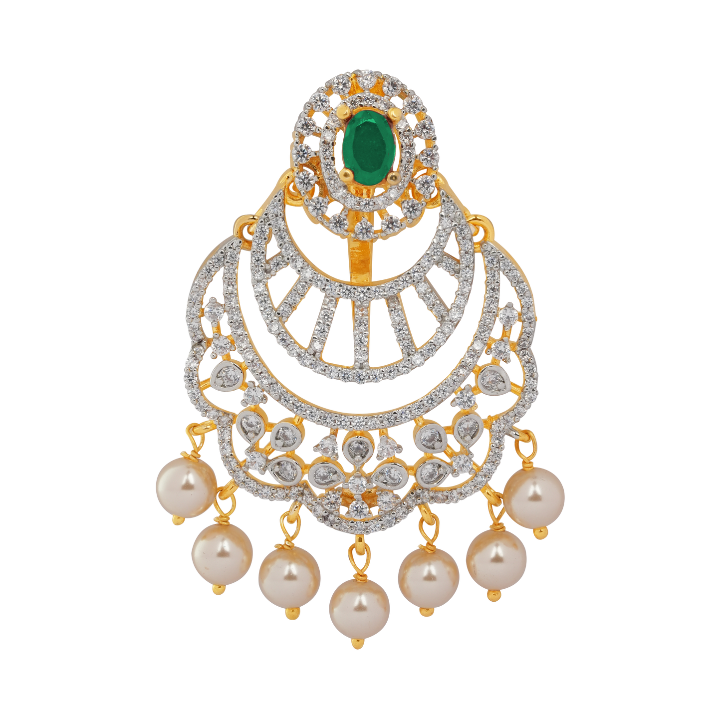 Ruby Royale: Diamond Chandbali Brooch with Lustrous Pearl Drops