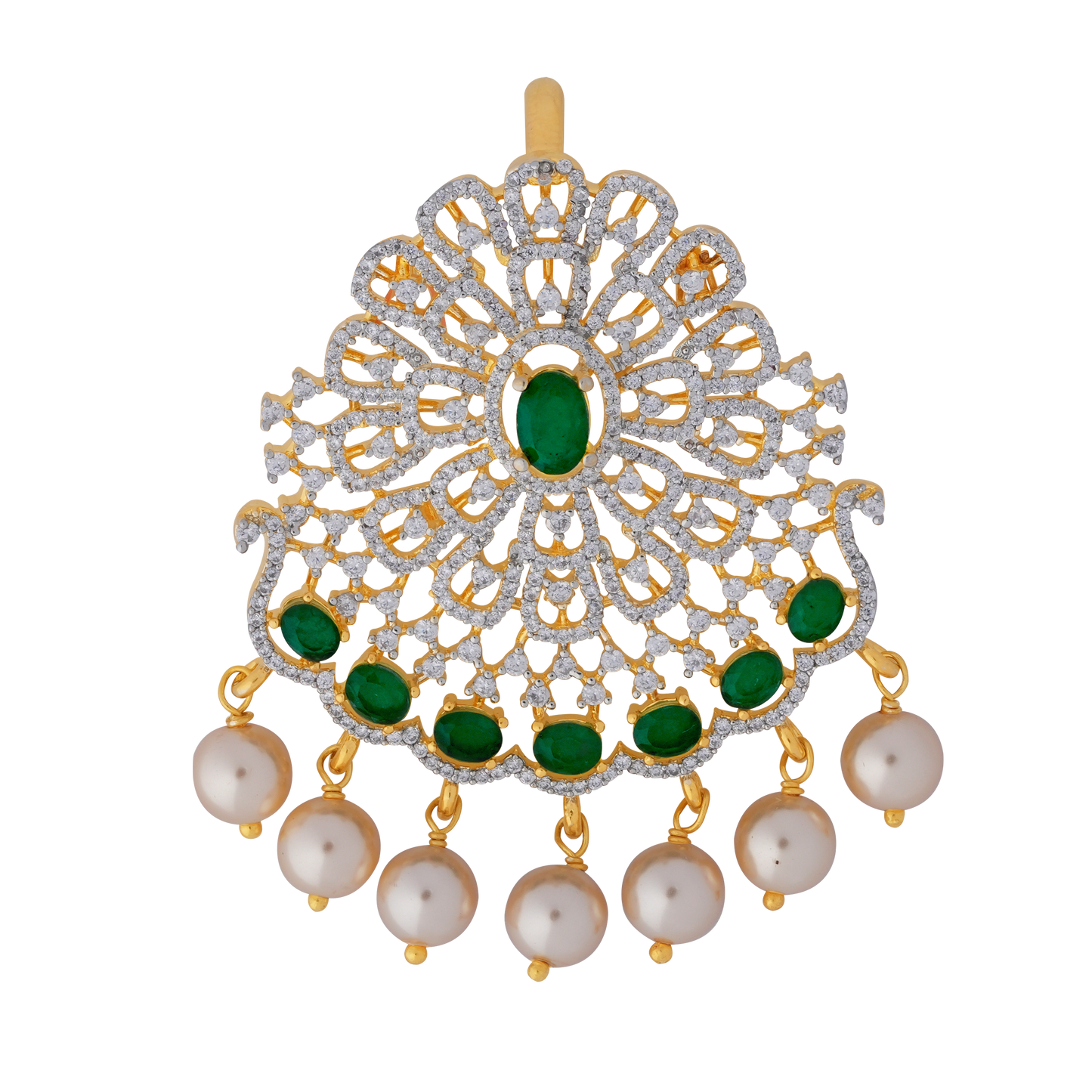 Royal Chandbali-Style Pendant with Red Emerald Stones and Pearl Drops