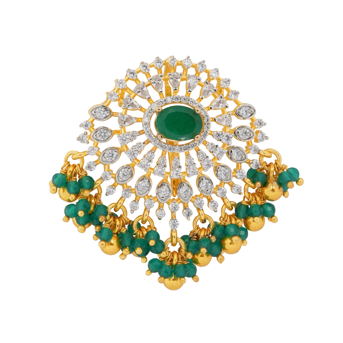 Radiant Ruby Flare: Diamond Brooch with Scarlet Beads & Golden Accents