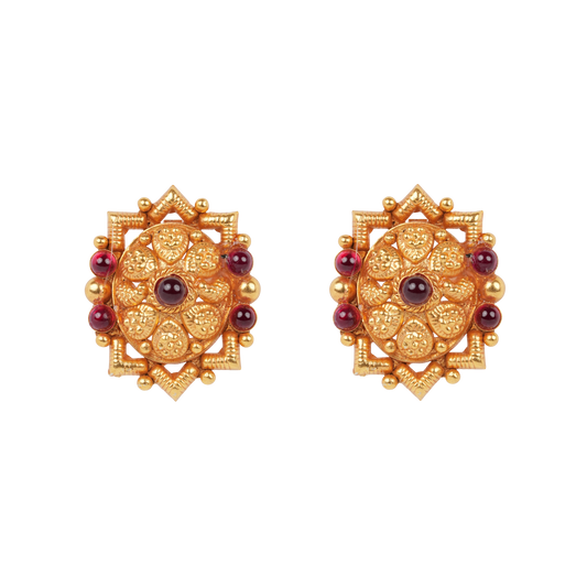 Antique Gold-Finish Devika Ring with Garnet Accents and Floral Temple Craftsmanship