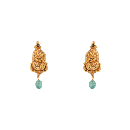 Antique Gold-Finish Peacock Crest Earrings with Emerald Drop