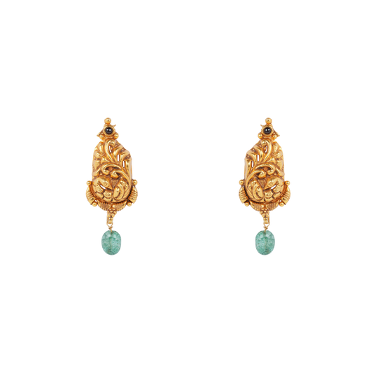Antique Gold-Finish Peacock Crest Earrings with Emerald Drop