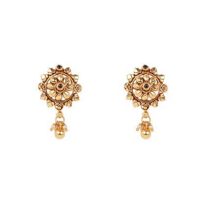Antique Gold-Finish Kamala Drop Studs with Black Stone Accents