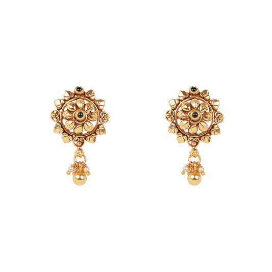 Antique Gold-Finish Kamala Drop Studs with Black Stone Accents
