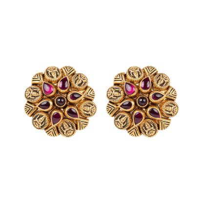 Antique Gold-Finish Nakshi Studs with Ruby Pear Accents