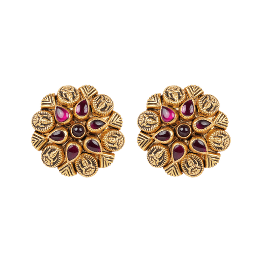 Antique Gold-Finish Nakshi Studs with Ruby Pear Accents