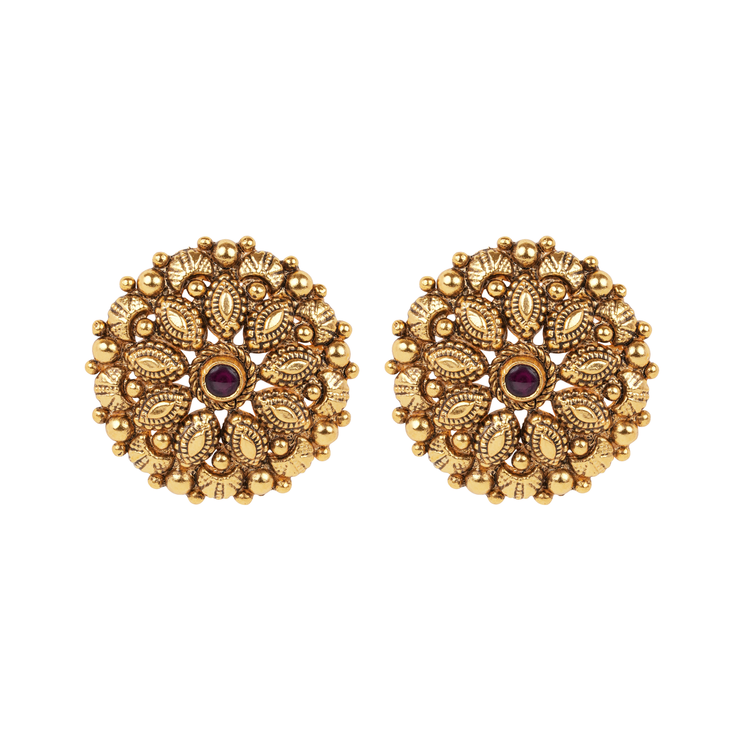 Antique Gold-Finish Pushpa Studs with Ruby Centre and Leaf Filigree