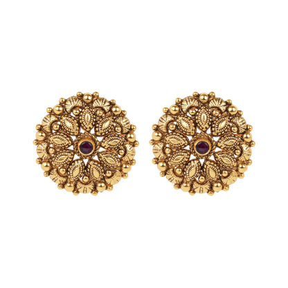 Antique Gold-Finish Pushpa Studs with Ruby Centre and Leaf Filigree