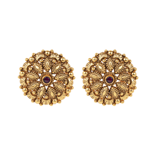 Antique Gold-Finish Pushpa Studs with Ruby Centre and Leaf Filigree