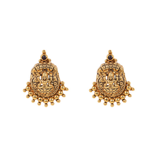 Antique Gold-Finish Lakshmi Jhumkas with Temple Ball Detailing