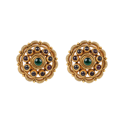 Antique Gold-Finish Chakra Studs with Emerald Core and Cabochon Orbit