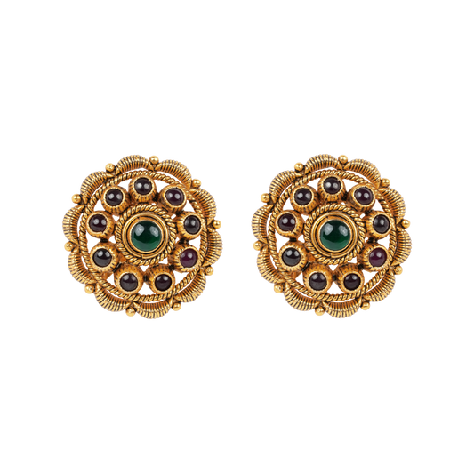 Antique Gold-Finish Chakra Studs with Emerald Core and Cabochon Orbit