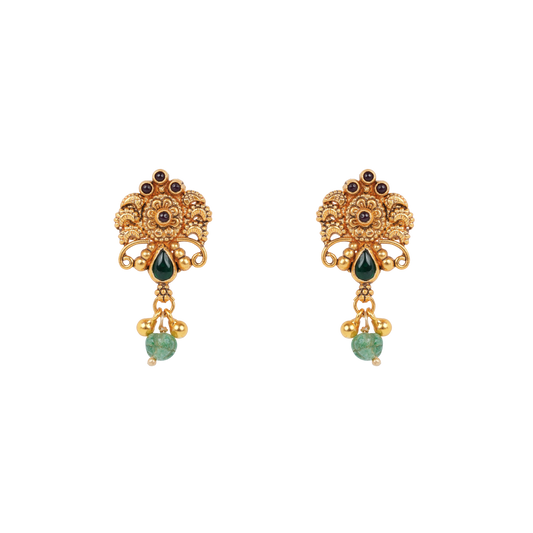 Antique Gold-Finish Mayura Earrings with Emerald Drops and Ruby Detailing