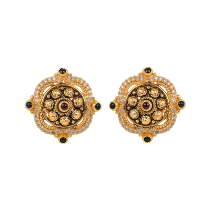 Antique Gold-Finish Chakra Studs with Kundan Highlights and Ruby Center