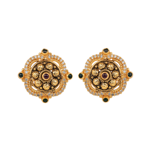 Antique Gold-Finish Chakra Studs with Kundan Highlights and Ruby Center
