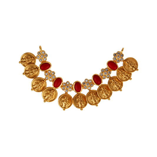 Antique Gold Lakshmi Coin Necklace with Ruby Petal Clusters