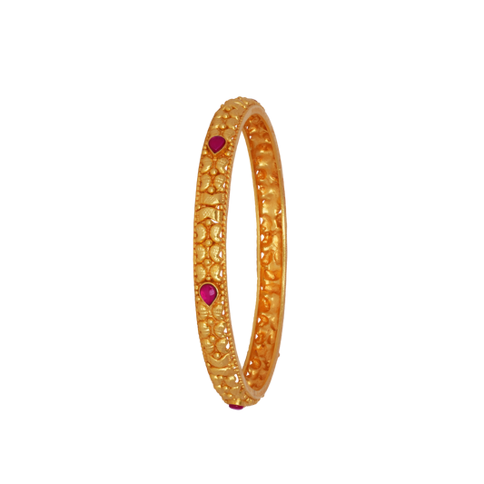 Floral Filigree Gold Bangle with Ruby Teardrop Accents